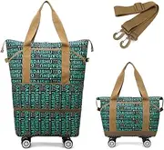 [UEncounter] Rolling Duffle Bag Expandable Travel Bag with Detachable Wheels Letter Pattern Foldable Carry On Bag Wheeled Weekend Bag, Green, 15.7 × 8.3 × 25.5 in, Fashion
