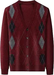 [SWJGLITTR] Men V Neck Sweater Cardigan Buttons Argyle Pattern Mens Cardigans Wool Blend Cable Knit Sweaters Jacket, A1 Wine Red, Large