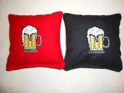 8 Cornhole Bean Bag Set Baggo Embroidered Beer Mugs Rd/Blk