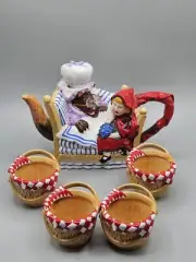 Storybook Little Red Riding Hood Handpainted Ceramic Teapot & 4 TeaCups Dept.56