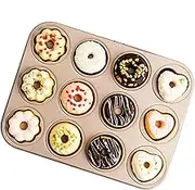 PENGQIMM 12-Cavity Donut Baking Pan Doughnut Mould, 4 Shapes Donut Pan Non-Stick Cake Baking Molds, Carbon Steel Biscuit Baking Tray for Doughnut Muffin Cupcake, Golden