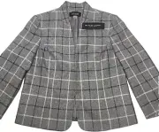 Evan Picone Blazer Jacket Size 14 Gray Check Open Front Lined 3/4 Sleeve NEW