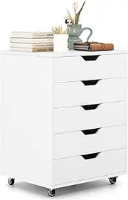 Giantex 5-Drawer Chest of Drawers, Wooden Dresser Chest, Mobile Lateral Filing Cabinet with Wheels, Uder Desk Drawer Tallboy Cabinet for Home Office Living Room (White)