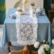 Floral Table Runner Cotton Fabric with White 16 x 36 Inches Blue Floral