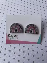 Rainbow Earrings, Printed Acrylic, Silver Glitter, Pink, Surgical Steel Stud