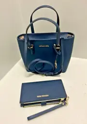 Michael Kors Jet Set XS Leather Carryall Top Zip Tote Bag+Double Zip Wallet-Navy