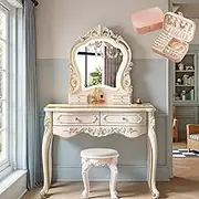 Makeup Table Vintage, Wooden Vanity Table with LED Mirror & Jewelry Box for Girls Dressing Areas Bedroom(100x45x148cm)