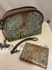 Anuschka Leather Twin-Top Wallet Bundle Tooled Wave 7497-TWV-BNT &2022-TWV-BNT