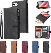 Pacciculn Compatible for iPhone 16e Wallet Case, 6 Credit Card Holder Kickstand flip Cover [Shockproof TPU Inner Case] PU Leather Magnetic Closure Wrist Strap Zipper Card Slots Cover-Black