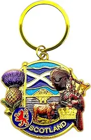[Bells Box] Scottish Heritage Souvenir Keyring - Round Scottish Gold Keychain - Scotland Gift Car key ring Keepsake, Gold Multicolour, 8 x 5 cm