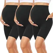 [FULLSOFT] 3 Pack Maternity Shorts Over Belly - 8" Pregnant Women's Cycling Shorts with Pockets, High Waisted, Mid Rise, Solid, Polyester Blend, Size 8