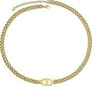 [TRIPOD JEWELRY] Womens 18K Real Gold Plated Initial Necklace Choker with Double D Letter, 6mm 316L Stainless Steel Diamond-Cut Curb Cuban Link Chain(Custom Box and Pouch Packing for Gift)