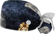 [WOSHJIUK] Working Hat 2 Pack Scrub Caps for Women,Lion Starry Night and Moon,Tie Back Cap Adjustable Scrub Hat