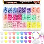 Tanstic 722 Pcs Acrylic Pastel Beads Kit, Candy Color Heart, Round, Star Beads, Cute Loose Beads with Crystal String, Scissor for Bracelets Jewelry Making