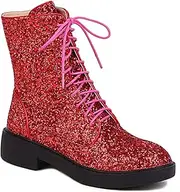 [YIYA] Women's Lace Up Glitter Sequin Combat Boots Round Toe Chunky Low Heel Side Zipper Sparkly Ankle Booties
