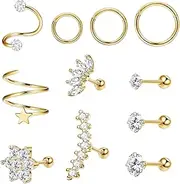 [Kakonia] Cartilage Earring 11Pcs 16G 18G Stainless Steel Cartilage Earrings Stud Hoops Conch Forward Helix Earrings Tragus Daith Piercing CZ Barbell Stud Cartilage Piercing Jewelry for Women of All Ages