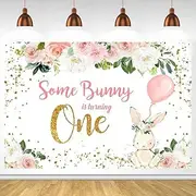 Some Bunny is Turning One Theme Party Backdrop Newborn Rabbit 1st Birthday Background Gold Dots Fresh Flowers Balloon Photocall (5x3FT/1.5x0.9m)