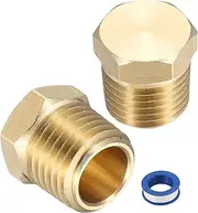 uxcell 2Pcs Brass Hex Head Plug Compression Cap Fitting Stop Valve Cap, 1/4" NPT Hex Thread Pipe Fitting Flare Cap Tubing Ends Sealing Cap with PTFE Tape for Air Conditioner, Water, Gold