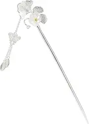 Ginkgo Leaf Flower Hair Pins Chinese Chopstick Hair Accessories for Women Long Hair Simple Hairpin (Silvery, One Size)