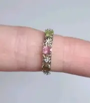 Natural Tri Colour Pink, Yellow & Green Tourmaline Adjustable Silver Plated Ring