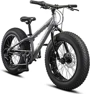 [Mongoose] Argus ST Fat Tire Mountain Bike for Kids Boys Girls, 20-Inch Wheels, Mechanical Disc Brakes, 10.5-Inch Steel Hardtail Frame, 7-Speed, Grey