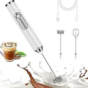 Milk Frother Rechargeable Handheld Electric Whisk Coffee Frother Mixer with 2 Stainless whisks 3 Speed Adjustable Foam Maker Blender for Coffee Matcha Latte Cappuccino Protein Powder (White)