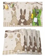 Easter Eggs Spring Bunny Tail Placemats Set of 6, Khaki Buffalo Plaid Non-Skid