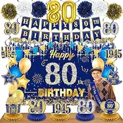 Navy Blue Gold 80th Birthday Decorations for Women Men Happy 80th Birthday Banner Vintage 1945 Honeycomb Centerpiece Hanging Swirls Sash Paper Pompoms Decor for 80 Years Old Anniversary Party Supplies