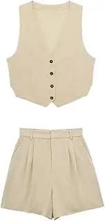 [Generic] Women 3 Piece Set V-Neck Zipper Single Breasted Sleeveless Vest Top Elegant High Waist Back Pocket Mini Shorts