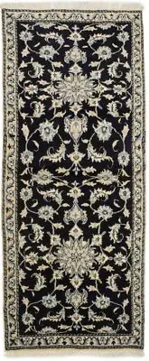 Handmade Wool Nain Runner Rug Classic Navy Floral Oriental Carpet 2'7X6'2 ft