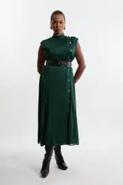 Plus Size Top Stitch Satin Georgette Strong Shoulder Midi Dress