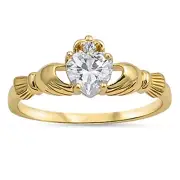 925 Sterling Silver 14K Yellow Gold Plated CZ Heart Claddagh Ring 9MM