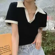 Short-Sleeve Contrast Collar Cropped Tee Black - M