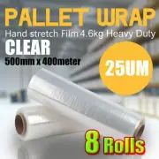 Stretch Film CLEAR Hand 500mm x 400m 25UM for Pallet Carton Shrink Wrap 8 Rolls