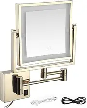 8 inch Makeup Mirror with Led Lights and Magnification, Square Double Sided Lighted Cosmetic Mirror Wall Mounted Bathroom Mirrors, 3X Magnifying Shaving Light up Mirror 360°Swivel,Hardwire,Gold