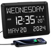 11.5” Digital Wall Clock with Date,Time,Week,Indoor Temperature,3 Alarms,5 Di...