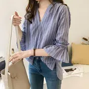 Ruffled Bell-Sleeve Striped V-Neck Blouse Black - M
