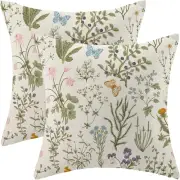 Spring Pillow Covers 18x18" Set of 2, Sage Green Wildflower Floral Linen Farmhou