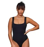 Pretty Little Things Bodysuit Slinky Square Neck Thong Satin Black Plus 18W NWT