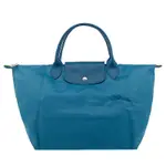 LONGCHAMP LE PLIAGE GREEN系列刺繡短把再生尼龍摺疊水餃包(中/孔雀藍)