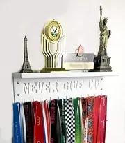 Never Give Up Motivational Sports Medal Holder Display Rack Case Ribbon Hanger with Shelf and Hooks