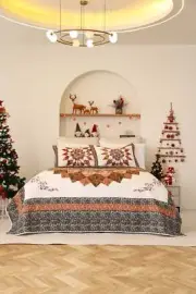 3 Pcs Queen Size Lightweight Brown Maple Leaf Patchwork Quilt Bedspread Set