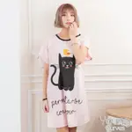 睡衣 牛奶絲質短袖連身睡衣(C01-100718黑貓與小雞) YOUNG CURVES