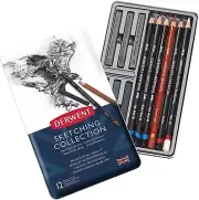 Tin 12pc Derwent Sketching Pencils + Graphite Blocks Set Kit Pencil Sketch