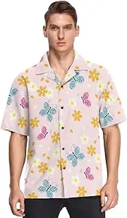 [GuoChe] Hawaiian Mens Short Sleeve Button Shirt Valentine's Day Cute Butterflies Pink Stylish Camisas para Gym Hombre