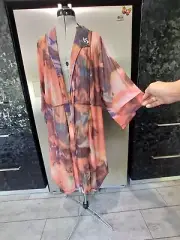 NEW TAKING SHAPE TS 20 L plus orange brown mesh long kimono coat jacket STRETCH