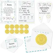 Qimgic Mini Tooth Receipt Set - 20 Set Blue Tooth Cards with Envelope and Fairy Letter for Kids, Lost Teeth Certificate Keepsake Postmark Gift Bag with Seal Stickers for Girls Boys Home School Award