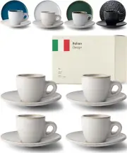Thick-Walled 3 oz Espresso Mugs with Saucers - Set of 4 in Solid Stone Grey