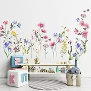 SMFANLIN Colorful Flowers Vines Wall Decals, Removable Green Plants Leaves Peel and Stick Wall Stickers, Elegant Floral Art Mural Wallpaper for Baby Kids Bedroom Bathroom Living Room Home Decoration