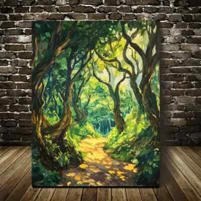 Lush Oak Forest Scene with Sunlit Pathway Metal Print Ready to Hang